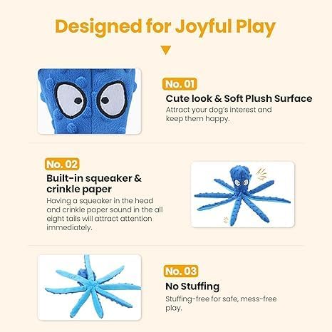 Octopus Dog Toys (2 Pack) β Squeaky & Crinkle No-Stuffing Plush Chew Toys for Puppies and Dogs, Durable Teething Toy for Small, Medium & Large Breeds, Soft Tug & Fetch Dog Toy