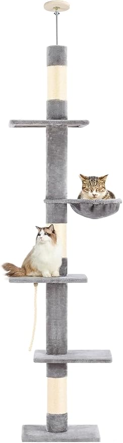 Cat Tree 5-Tier Floor to Ceiling Cat Tower with Cozy Hammock, 89-109 Inch Adjustable Height, Sisal Cat Scratching Post Provide Cats Vertical Enrichment to Jump and Climb, Gery