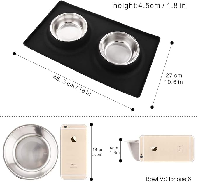 Dog Bowls with Mat, Cat Water Food Bowl Set (13.5oz Each) in No Spill Silicone Mat, Dual Pet Feeder Bowl for Puppy, Cats, Small Medium Dogs (Square, Black)