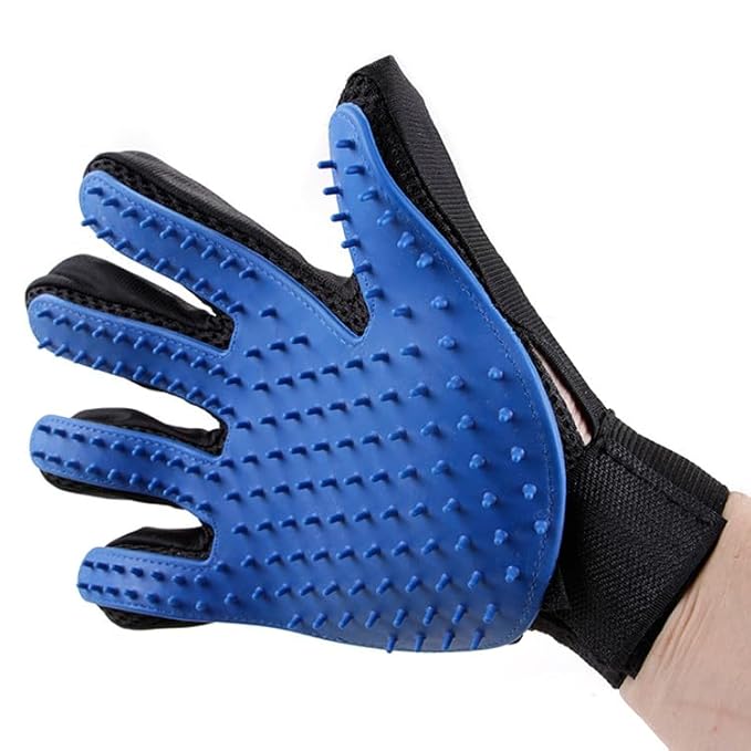 Efficient Pet Grooming Glove - Gentle Shedding Brush for Dogs, Cats, Horses, & more with Long & Short Hair - 1 Pair (Blue)