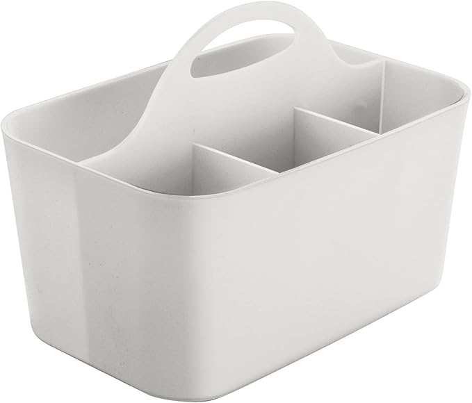 mDesign Plastic Small Office Storage Organizer Utility Tote Caddy Holder with Handle for Cabinets, Desks, Workspaces - Holds Desktop Office Supplies, Pencils, Staplers Lumiere Collection - Light Gray