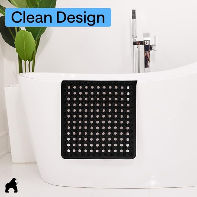GORILLA GRIP Patented Square Shower Stall Mat, Small Bathtub Floor Mats for Stand Up Showers, Suction Cups and Drainage Holes, Machine Wash, Soft on Feet, Bathroom Accessories 21x21 Inch, Black Opaque