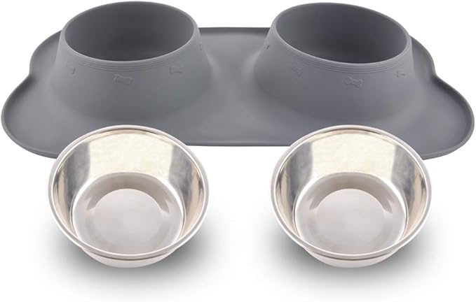 Dog Bowls with Mat, Cat Water Food Bowl Set (13.5oz Each) in No Spill Silicone Mat, Dual Pet Feeder Bowl for Puppy, Cats, Small Medium Dogs (Bone Shape, Grey)