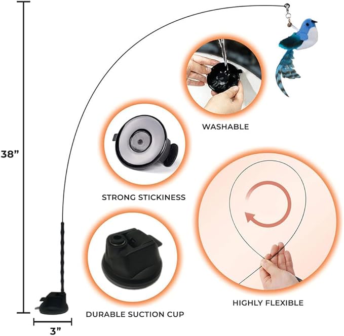 Whiskertons Interactive Bird Simulation Cat Toy Set, Interactive Cat Toys for Indoor Cats, Cat Feather Toy, Self-Holding Suction Cup, 5 Catnip Birds, Feathers, Bells (Catnip Hybrid Bundle)