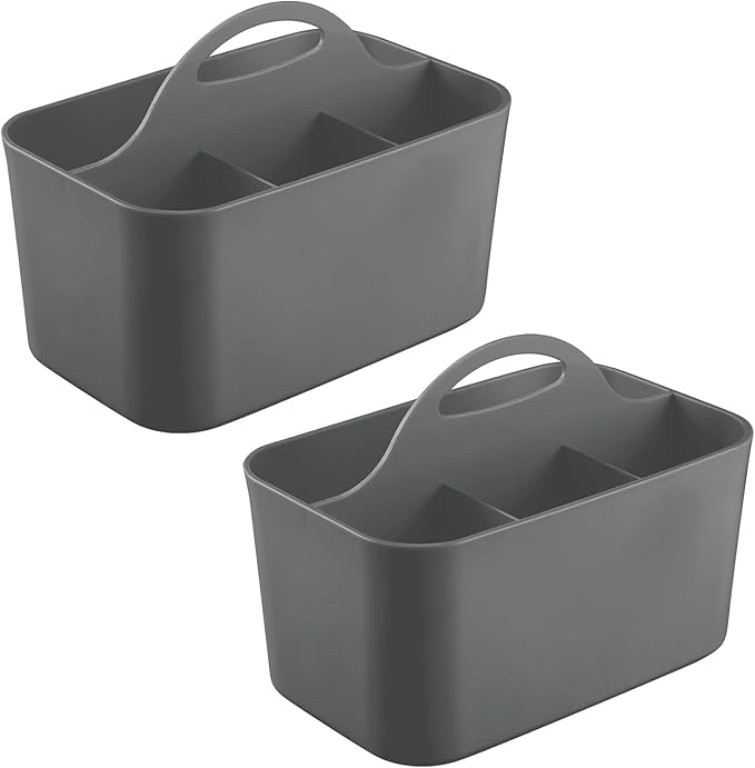 mDesign Plastic Small Office Storage Organizer Utility Tote Caddy with Handle for Cabinets, Desks, Workspaces - Hold Desktop Office Supplies, Pencils, Staplers Lumiere Collection, 2 Pack, Dark Gray