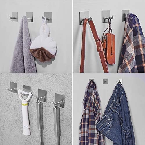 Heavy Duty Adhesive Hooks, Stick on Wall Adhesive Hangers, Strong Stainless Steel Holder, Self Adhesive Hooks for Kitchen Bathroom Home Door Towel Coat Key Robe 4 Packs Silver