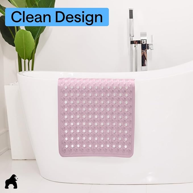 GORILLA GRIP Patented Square Shower Stall Mat, Small Bathtub Floor Mats for Stand Up Showers, Suction Cups and Drainage Holes, Machine Wash, Soft on Feet, Bathroom Accessories 21x21 Inch, Light Pink