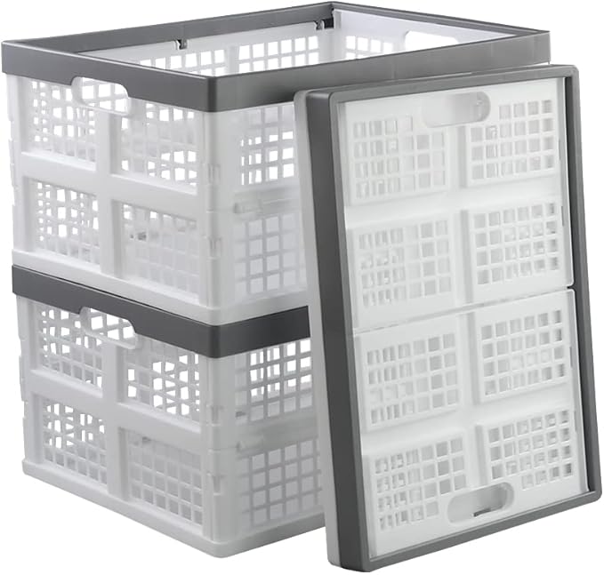 Waikhomes 30 L Foldable Crate Basket, Set of 3 Plastic Stackable Box for Storage (White)