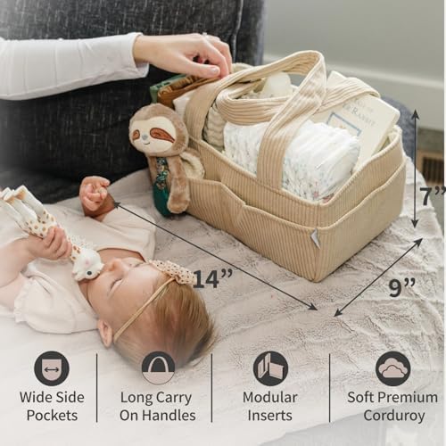 PUTSKA Baby Diaper Caddy Organizer for Changing Table – Stylish Nursery Storage Basket, Newborn Essentials, Baby Shower Gifts and Registry Must-Haves for Boy or Girl, Car Diaper Caddy, Corduroy Mocha