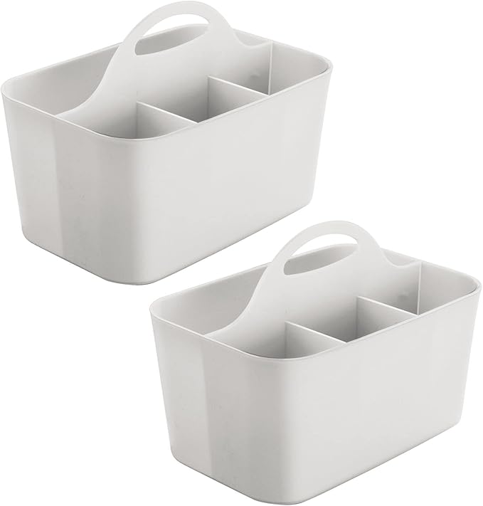 mDesign Plastic Small Office Storage Organizer Utility Tote Caddy with Handle for Cabinets, Desks, Workspaces - Holds Desktop Office Supplies, Pencils, Staplers Lumiere Collection, 2 Pack, Light Gray