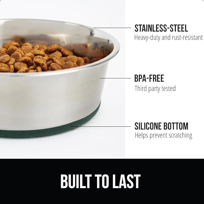 GORILLA GRIP Set of 2 Dog Bowls, Heavy Duty Metal Food and Water Bowl for Feeding Dogs and Cats, Dishwasher Safe, Rust Resistant Stainless Steel, BPA Free Rubber Base, Holds 2 Cups (16 fl oz), Green