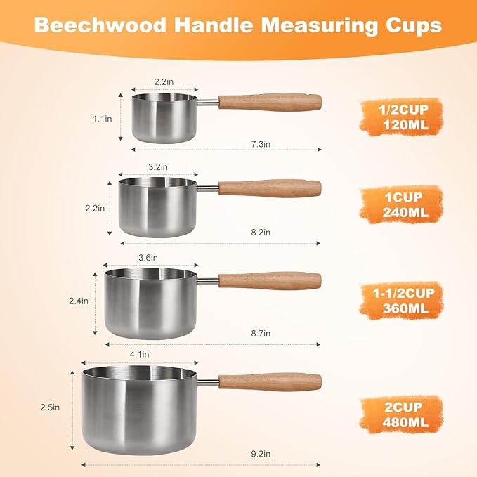 TREMENDRY 2PCS 2Cup(480ml | 16oz) Dog Cat Food Scoop, 18/8(304) Stainless Steel Measuring Cup with Wooden Handle, Etched Measurements Inside, BPA Free Portion Control for Pets & Kitchen Use