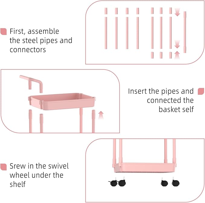 Volnamal Diaper Caddy - Plastic Diaper Organizer for Nursery Essentials, Baby Organizers and Storage, Movable Cart for Changing Table & Crib, Baby Registry Search, Pink