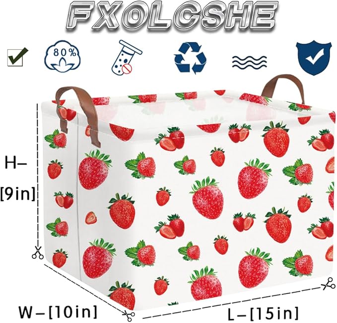 FXOCSHE Rectangular strawberry basket,Waterproof foldable storage box with handle,Gift basket,Baby Girl Baskets,Girl room decor,Books Box(Strawberry)