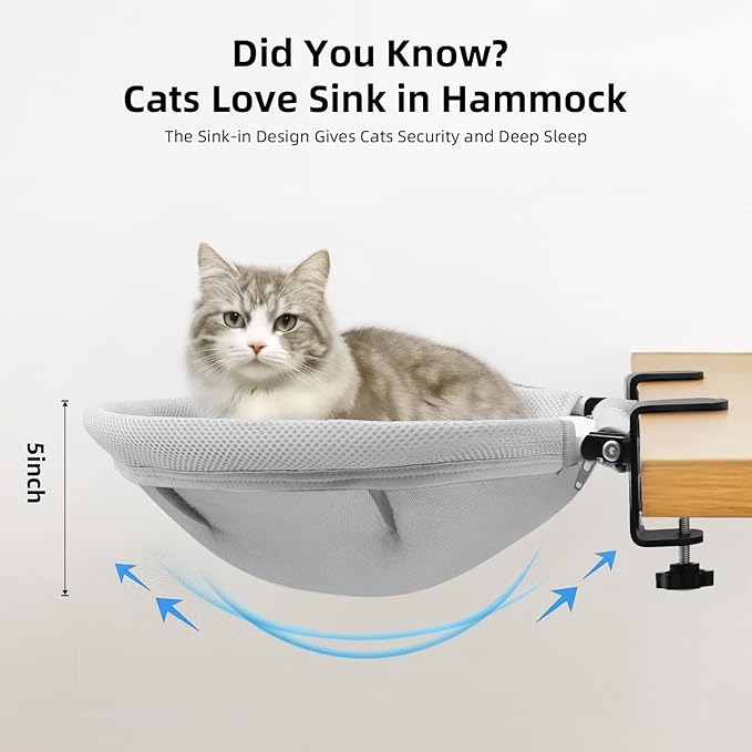 Lilyang Large Cat Desk Bed – Sunken Cat Hammock, 19.5"x15" Spacious Nest, Secure Bed with Dual Clamps & Steel Frame, Supports Up to 50 lbs, Reversible & Washable Bed Cover
