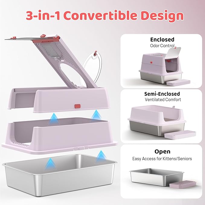 Stainless Steel Cat Litter Box with Lid, 180° Flip Top Kitty Litterbox, XL High Sided Enclosure Litter Pan for Big Cats, Front & Top Entry, Anti-Leakage, Odor-Free, Includes Scoop Mat, Purple