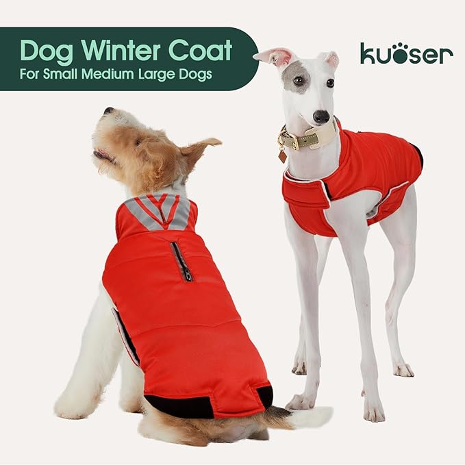Kuoser Dog Winter Coat Cold Weather Reflective Waterproof Dogs Jacket, Warm Fleece Lined Turtleneck Doggy Vest with Zipper, Dog Snow Jacket Pet Apparel for Small Medium Large Dogs, Red XL