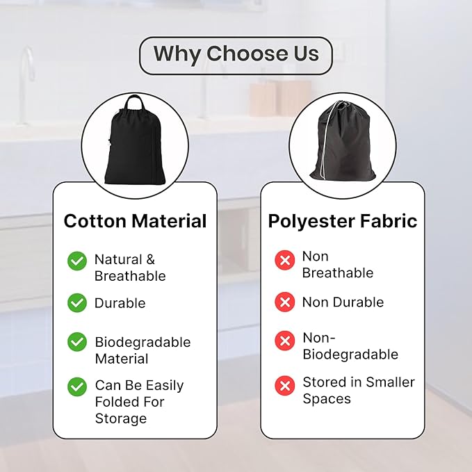 LFH Home Large Premium 1pack Cotton Canvas Laundry Bag with Drawstring and Handles Heavy Duty, Multi-Use, and Washable for Home, Travel, College or Storage 20x30-Black