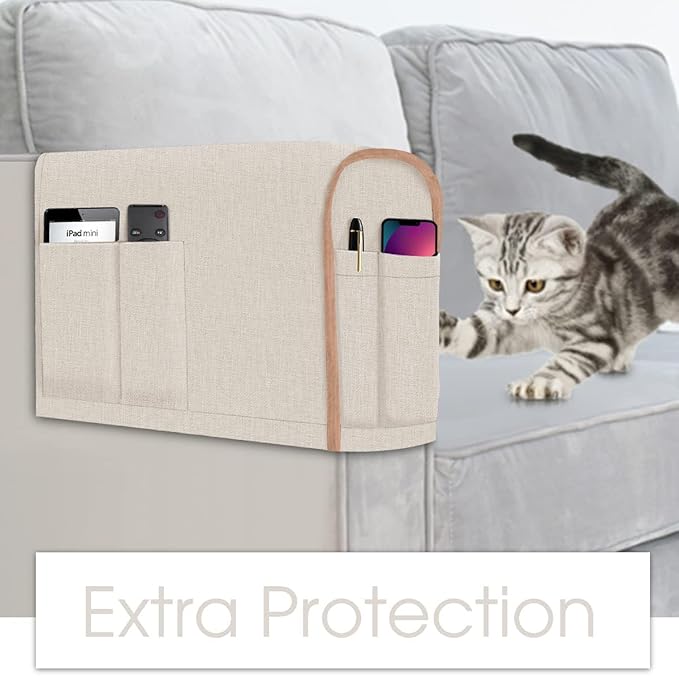 Joywell Couch Arm Covers for Living Room Anti-Slip Sofa Armrest Protector for Dogs, Cats, Pets Armchair Slipcover for Recliner with 4 Pockets for TV Remote Control, Phone, Set of 2, Champagne