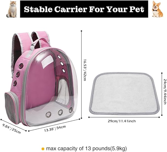 Vivicreate Large Cat Backpack Carrier for Travel and Hiking Transparent Pet Bubble Backpack for Cats up to 20lbs with Ventilation and Padded Straps Mochila para Gatos transportadora mascotas (Pink)