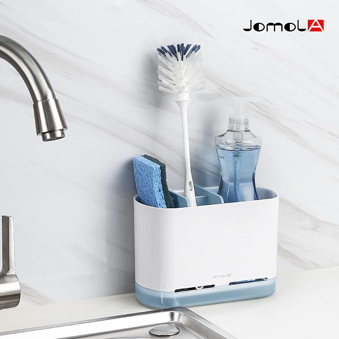 JOMOLA Dish Brush Caddy for Kitchen Sink Toothbrush Holders for Bathrooms Sink Sponge Holder Kitchen Counter Scrub Soap Brush Organizer Sinkware Caddy with Drain Tray Dividers (Blue)