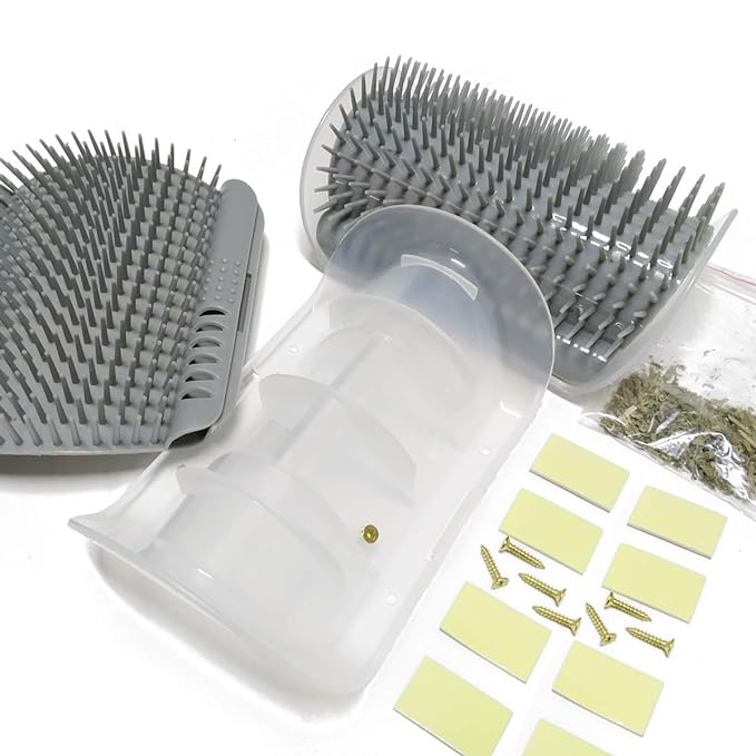 2 Pack Softer Self Groomer with Catnip Wall Corner Massage Comb Scratcher Grooming Brush Tool for Long & Short Fur Kitten Cats Dogs (Gray)