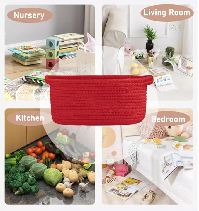 Poschnor Gift Basket with Gift Bags and Ribbons, Small Woven Rope Toy Storage Basket for Baby and Pet, 12"X 8" X 5", Red