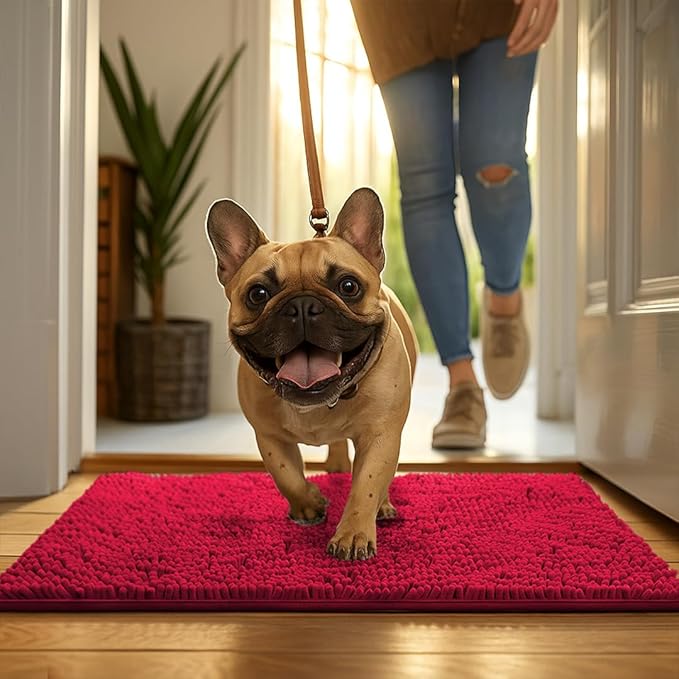 MudGuard Mat™ Dog Door Mat for Muddy Paws, Super Absorbent Microfiber, Non-Slip Indoor Mat, Quick Dry Chenille Mud Mat for Dogs & Entryway, Washable, Red 24" x 60"