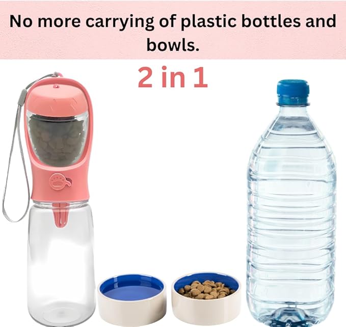 Portable Pet Water Bottle with Drinking Bowl, 12 oz, Pink and Turquoise (Blue, Medium)