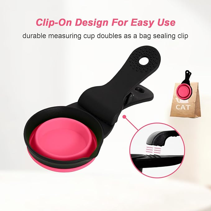 PNEUICALLY Collapsible Dog Food Scoop Foldable Pet Food Bag Clip 3 in 1 Multi-function Silicone Cat Food Measuring Cup Scoop Dog Food Scooper Pet Food Storage Clip (Rose Red, 1/2 Cup Capacity(1 Pack))
