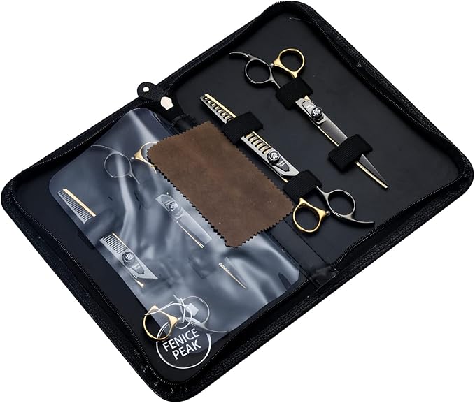 Fenice Peak 7'' Black and Gold Two-color Dog Grooming Scissors Set Straight Thinning Curved and Chunker Shears 4PCS Set with Pattern Screw and Ergonomic Offest Handle 440C Sharp and Durable