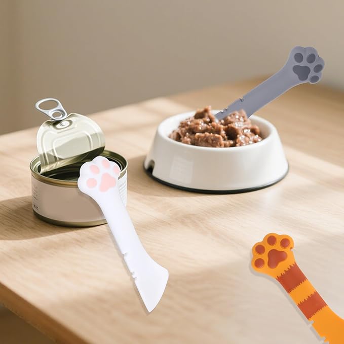 3 Pcs Dog Cat Food Spoon, Cute Paw Spoon for Wet Food Silicone Can Opener Multifunctional Pet Spatula Scoop Mixing Spoons for Cat Dog Supplies (White, Orange & Dark Grey)
