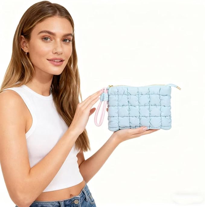 Puffy Quilted Makeup Bag Cosmetic Bag Equipped with a Detachable Handle Cute Zipper Pouch for Storage Clutch for Women(Blue)