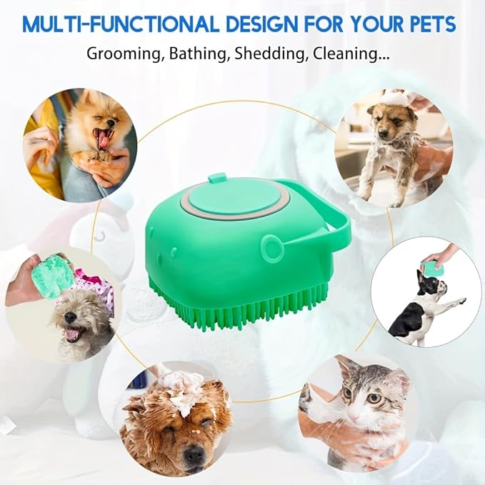 2-in-1 Dog Bath Brush with Shampoo Dispenser – Soft Silicone Pet Grooming Brush for Dogs & Cats – Gentle Massage & Deep Cleaning Bath Scrubber, Easy to Use and Refill, Pink