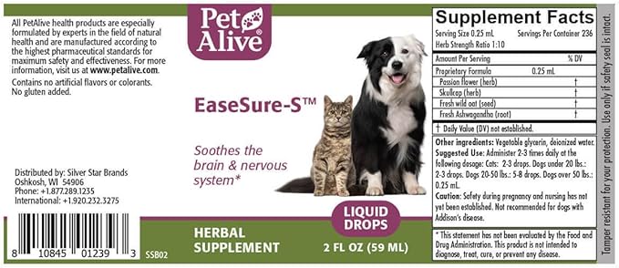 PetAlive EaseSure-S - Dog and Cat Calming Drops - Herbal Pet Supplement to Relax and Reduce Involuntary Muscle Movements, Twitching - Care for Cats and Dogs - 59 mL