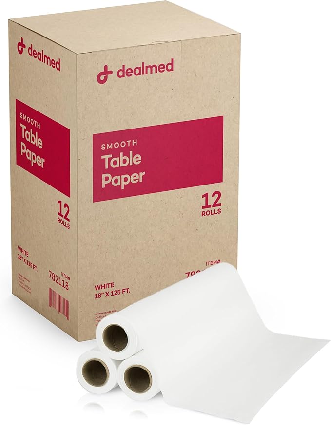 Dealmed Medical Exam Table Paper Roll | Disposable Covers for Doctors, Physicians, Diaper Changing, Waxing, Chiropractor, Tracing, Drawing, Coloring | Smooth, White, 18" x 125', 12 Rolls/Case