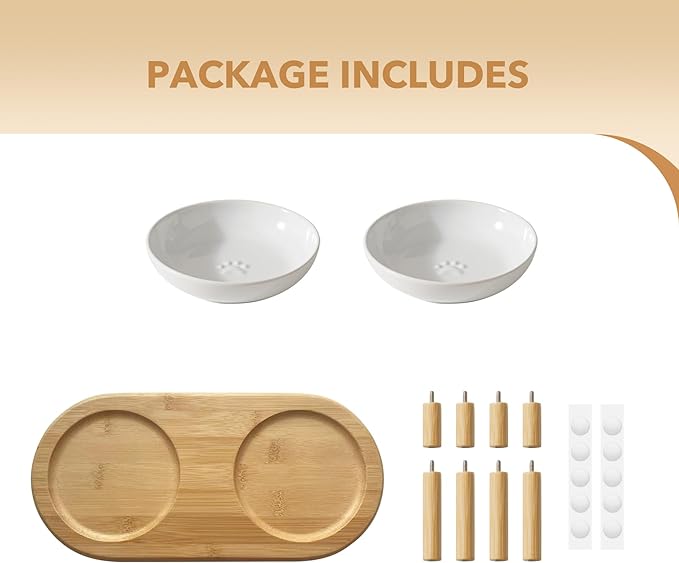 Elevated Ceramic Cat Dish with Paw Print, Wide Whisker Friendly Anti-Slip Food & Water Bowl with 2 Heights Adjustable Stand - Pet Bowl Set for Cats (2 Dishes +Stand, White)