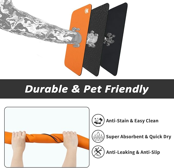 Dog Food Mat - Absorbent Cat Mat for Food and Water, No Stains Pet Feeding Bowl Mat, Easy to Clean Pet Placemats, Quick Dry Dog Water Dispenser Mat for Messy Drinkers | Paw Orange 18"x 28"