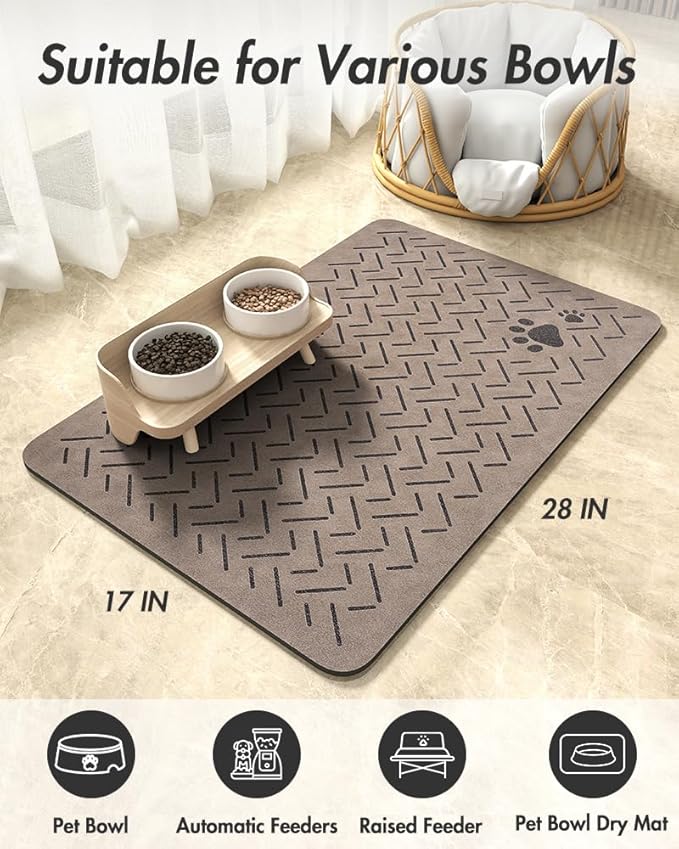 MontVoo-Absorbent Pet Feeding Mat-No Stains Quick Dry Dog Mat for Food and Water Bowl-Rubber Backing Dispenser Mat Accessories Supplies-Dog Bowl Messy Drinkers,(Brown,17"x28")