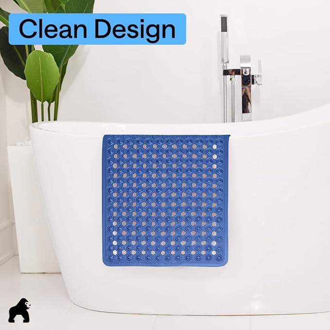 GORILLA GRIP Patented Square Shower Stall Mat, Small Bathtub Floor Mats for Stand Up Showers, Suction Cups, Drain Holes, Machine Wash, Soft on Feet, Bathroom Accessories 21x21 Inch, Royal Blue Opaque