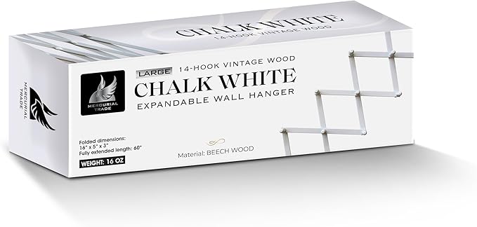 Mercurial Trade Expandable Wooden Coat Rack Hanger - Large Accordion Hanger with Expanding Pegs | Hand Made Modern Wooden Hat Rack for Wall | Hang Coat, Jacket, Hat | Wall Rack – 14 Hook, Chalk White