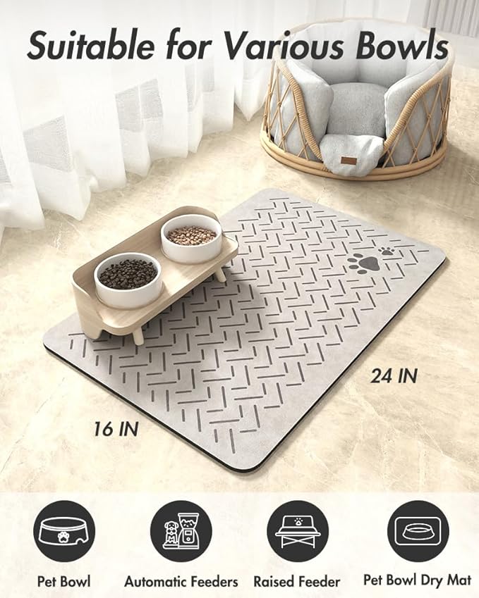 MontVoo-Absorbent Pet Feeding Mat-No Stains Quick Dry Dog Mat for Food and Water Bowl-Rubber Backing Dispenser Mat Accessories Supplies-Dog Bowl Messy Drinkers,(Light Grey,16"x24")