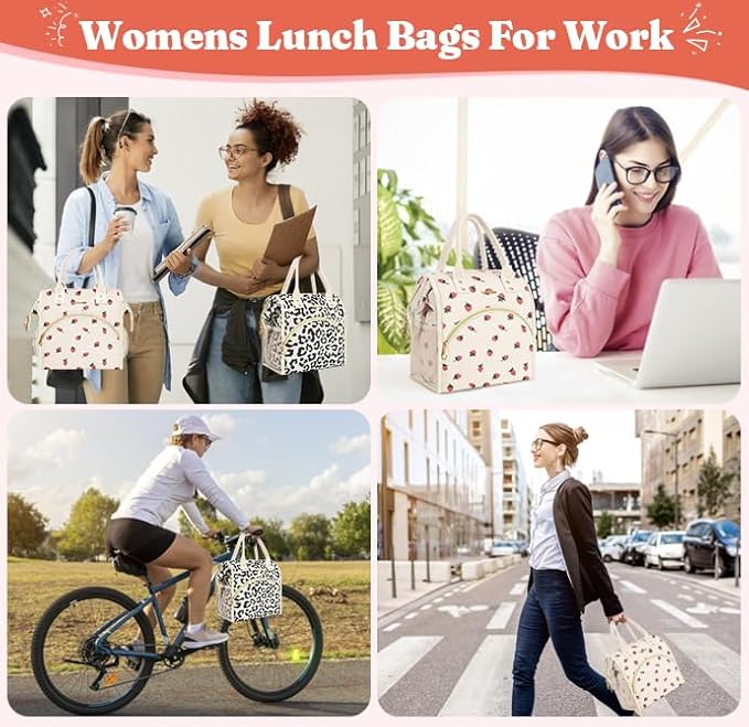 Lunch Bag Women Insulated Lunch Box Wide-Open Lunch Tote Bag Large Drinks Holder Durable Nylon Thermal Snacks Organizer for Men Adults Work Picnic Hiking Beach Fishing, Strawberry Corduroy