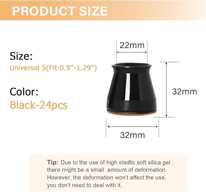 24 pcs Black Chair Leg Floor Protectors, Furniture Felt Pads Silicone Covers caps for Chairs,Chair Leg Protectors for Hardwood Floors (Fit Round Diameter 15/16" to 1-5/16")
