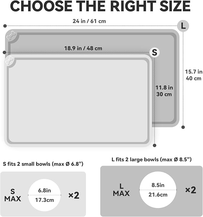 VIVAGLORY Dog Food Mat Flexmat Dog Bowl Mat, Placemat Food Tray with Raised Edges & Lip for Indoor Floor, Non Slip Waterproof Silicone Dish Placemat for Cat & Pet, L, Sakura Pink