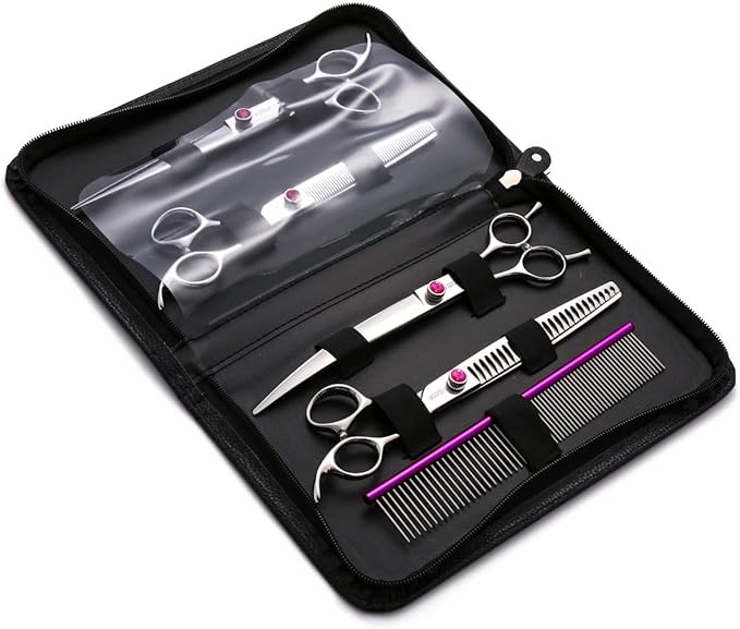 Dog Grooming Scissors Kit 8 in Professional Curved Thinning Straight Chunker Shears and Comb 5pcs Set for Grooming Big Dogs Poodle Pet Japan 440C Stainless Steel(8.0'',Kit)