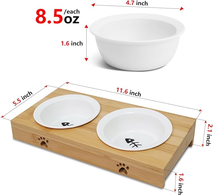 Premium Bamboo Raised Pet Feeder - 15 Degree Elevated Cat & Small Dog Bowls with 2 Ceramic Dishes, Non-Slip Base & 8 Silicone Pads, Eco-Friendly Ergonomic Food Stand for Kittens/Puppies