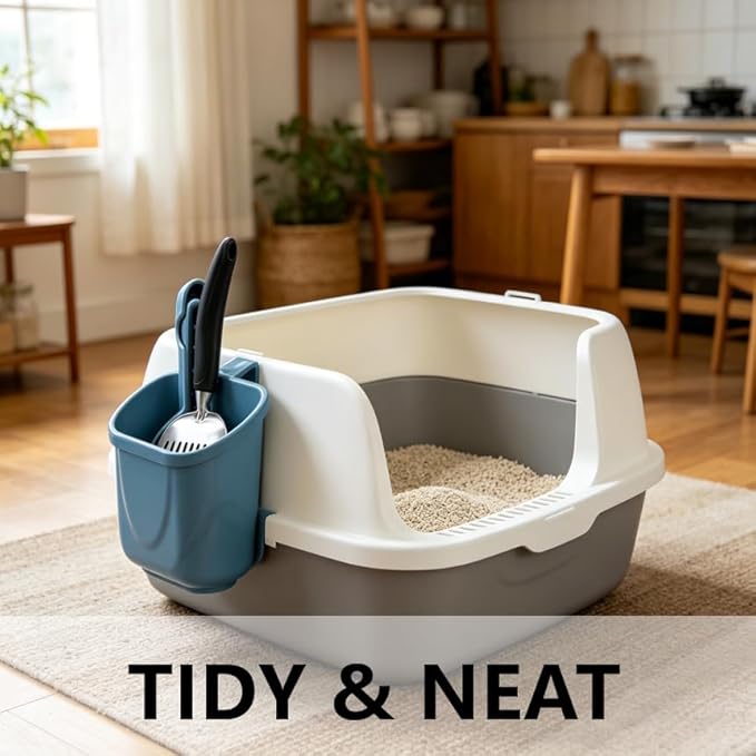 4-in-1 Cat Litter Scoop with Holder, Cat Litter Box Organizer Cleanup Kit - Sweeper & Dustpan, Aluminium Kitty Litter Scooper and Storage Caddy, Heavy Duty Cat Litter Box Cleaning Supplies