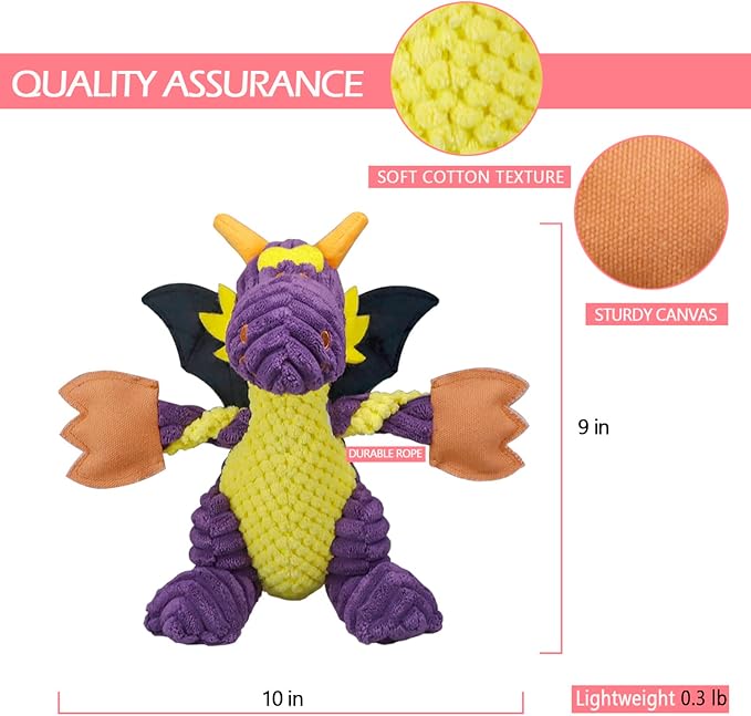 GOOLA Purple Dragon Dog Toy, Plush Squeaky Toy for Large Breeds, Interactive Fun with 5 Squeakers, Chew Toys for Puppies & Adult Dogs