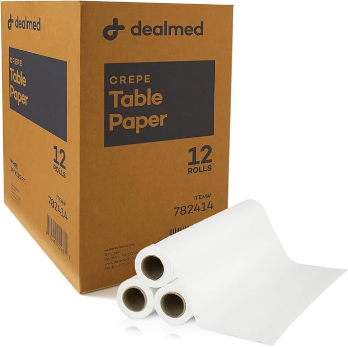 Dealmed Medical Exam Table Paper Roll | Disposable Covers for Doctors, Physicians, Diaper Changing, Waxing, Chiropractor, Tracing, Drawing, Coloring | Crepe, White, 14" x 125', 12 Rolls/Case